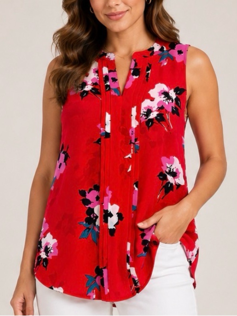 41 Hawthorn Red Floral Sleeveless Blouse lightweight caerrer everyday SZ SM